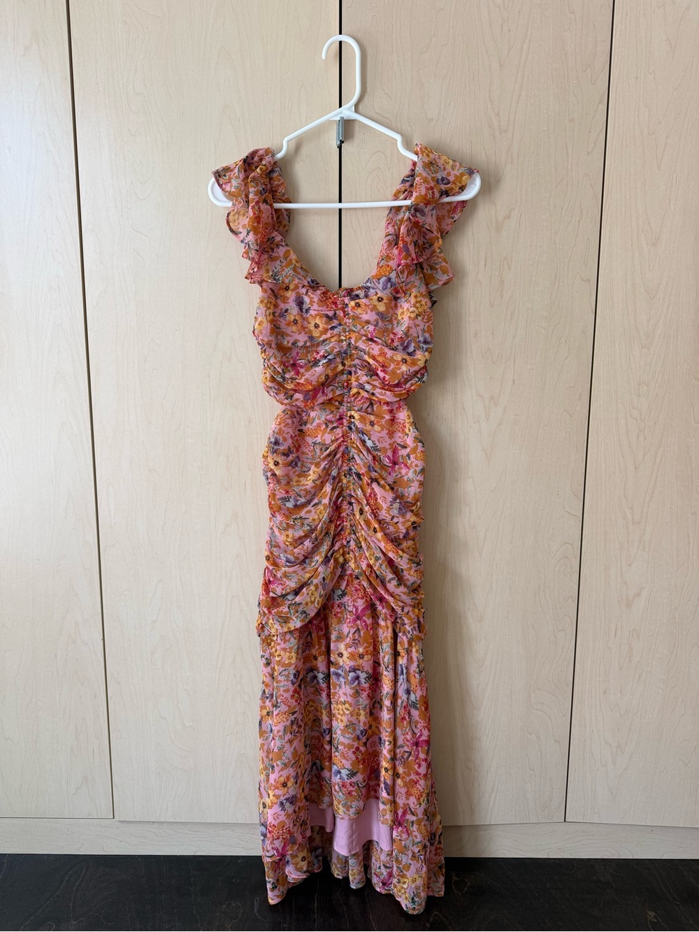 Astr Pink and Orange Floral Ruffled Maxi Dress